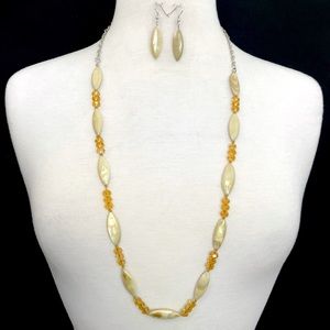 Long Tan Brown Shell & Glass Beaded Necklace Earrings Set
